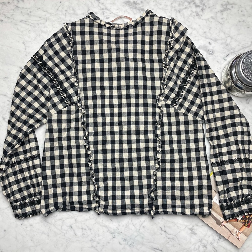 Zara Check Print Ruffle Long Sleeve Button Down - Picture 6 of 7